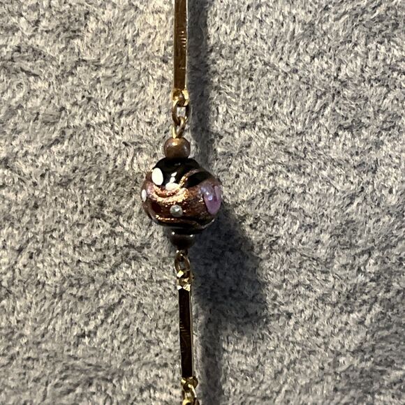 VIT Murano Venetian Wedding Cake Glass Bead Necklace Textured Gold Tone Links - Picture 6 of 12